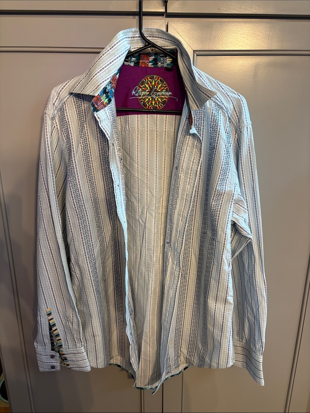 Robert Graham Vertical Striped Dress Shirt with Colorful Trim L